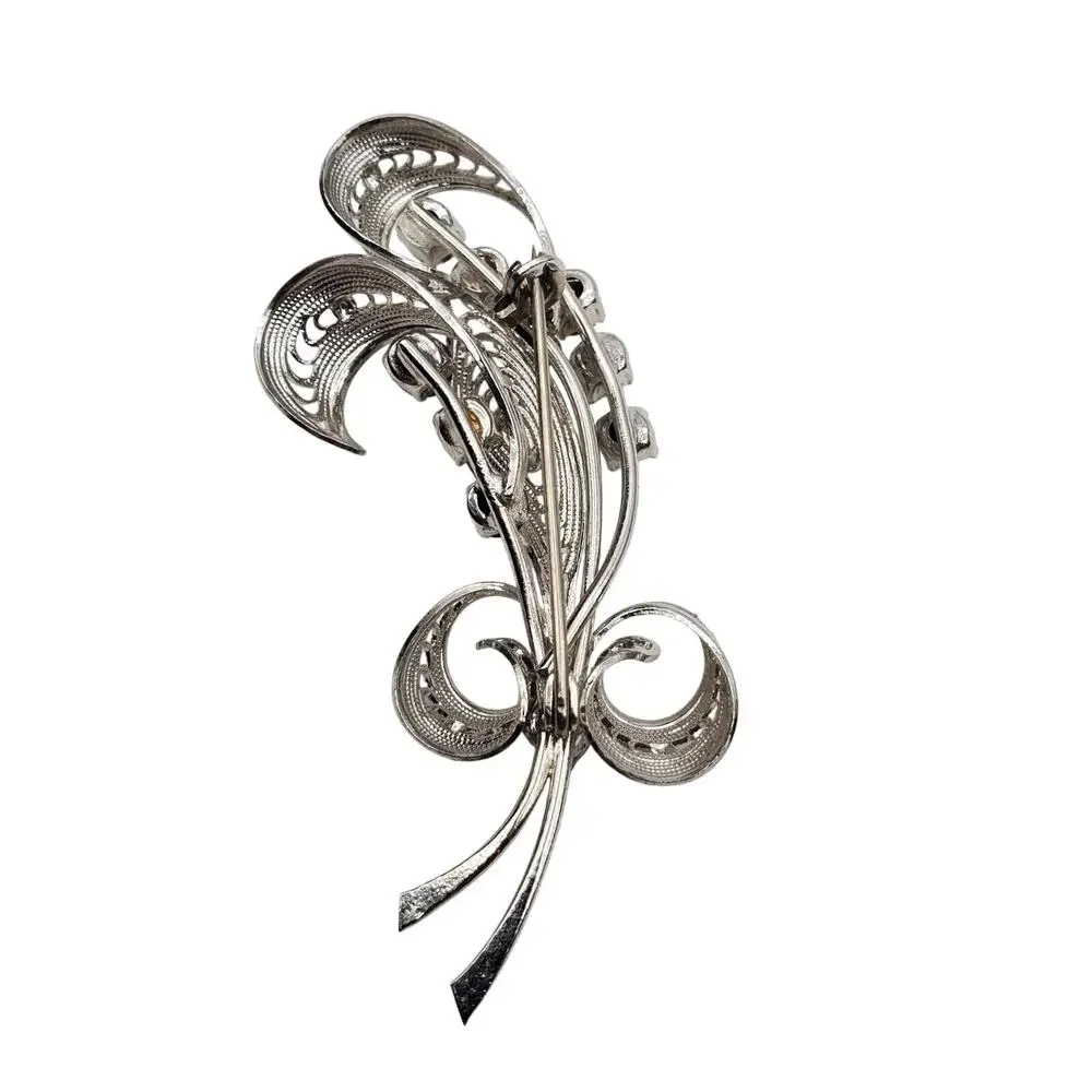 Silver Tone Filigree Brooch Floral‎ Spray Faux Pearl Rhinestone Pin Bow Ribbon